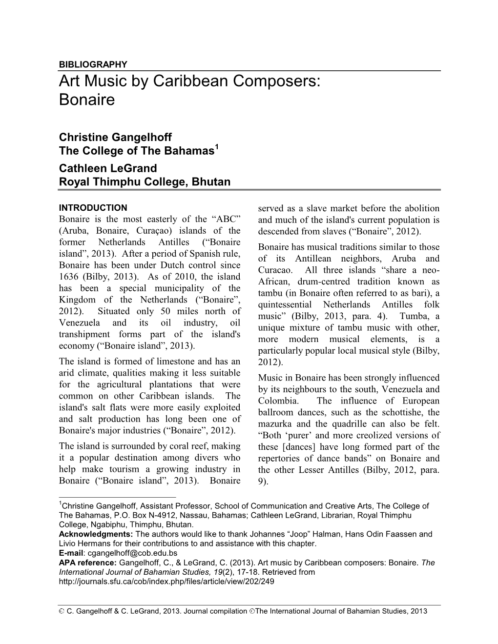Art Music by Caribbean Composers: Bonaire