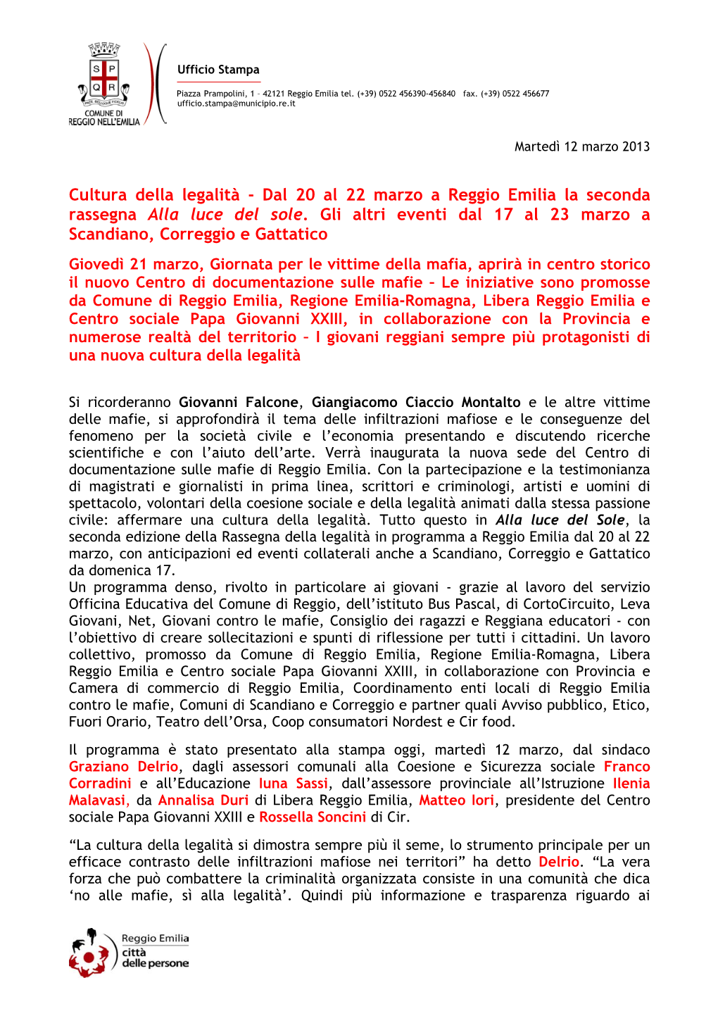 Cultura Della Legalità - Dal 20 Al 22 Marzo a Reggio Emilia La Seconda Rassegna Alla Luce Del Sole
