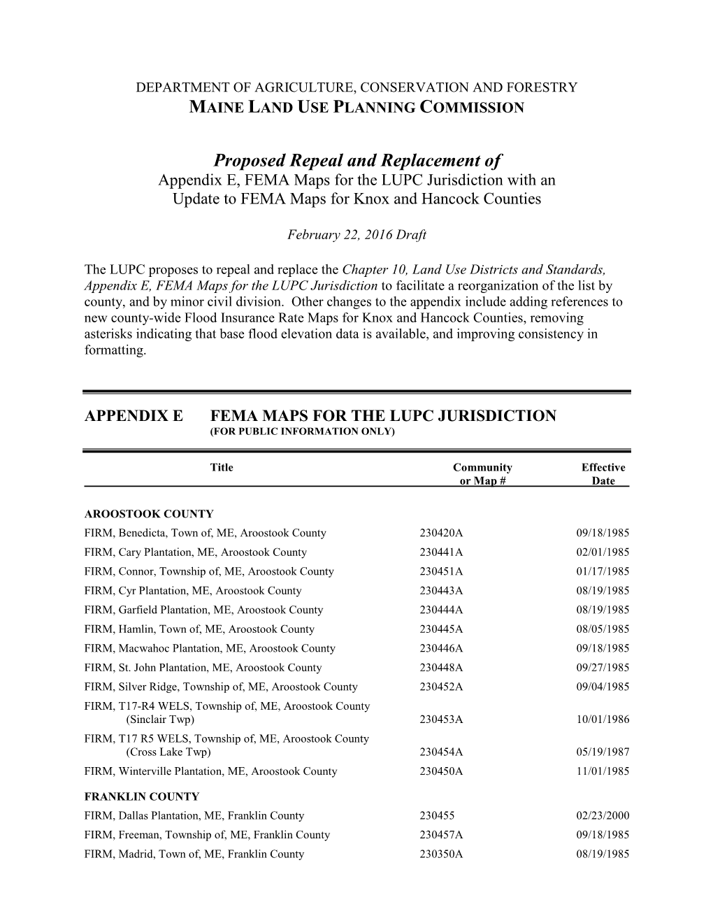 Proposed Repeal and Replacement of Appendix E, FEMA Maps for the LUPC Jurisdiction with an Update to FEMA Maps for Knox and Hancock Counties