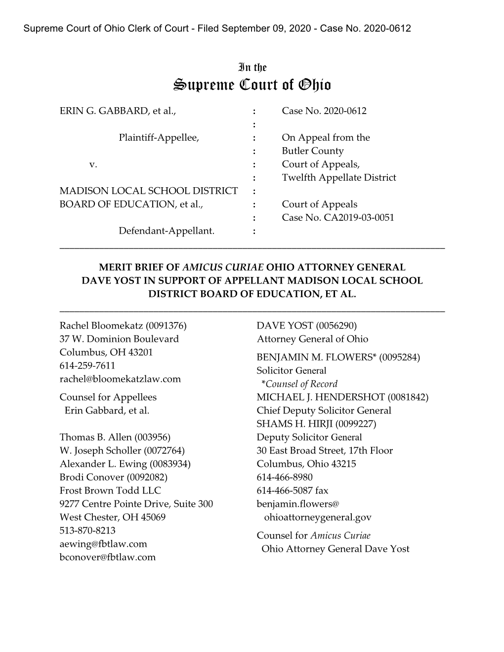 Supreme Court of Ohio Clerk of Court - Filed September 09, 2020 - Case No