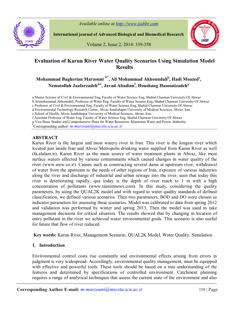 Evaluation of Karun River Water Quality Scenarios Using Simulation Model Results