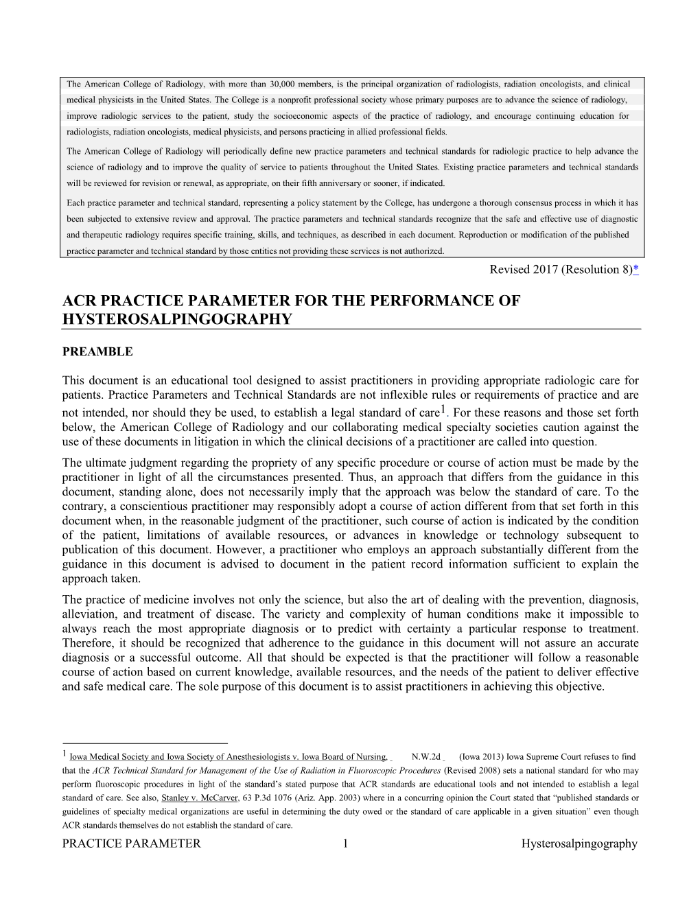 Acr Practice Parameter for the Performance of Hysterosalpingography