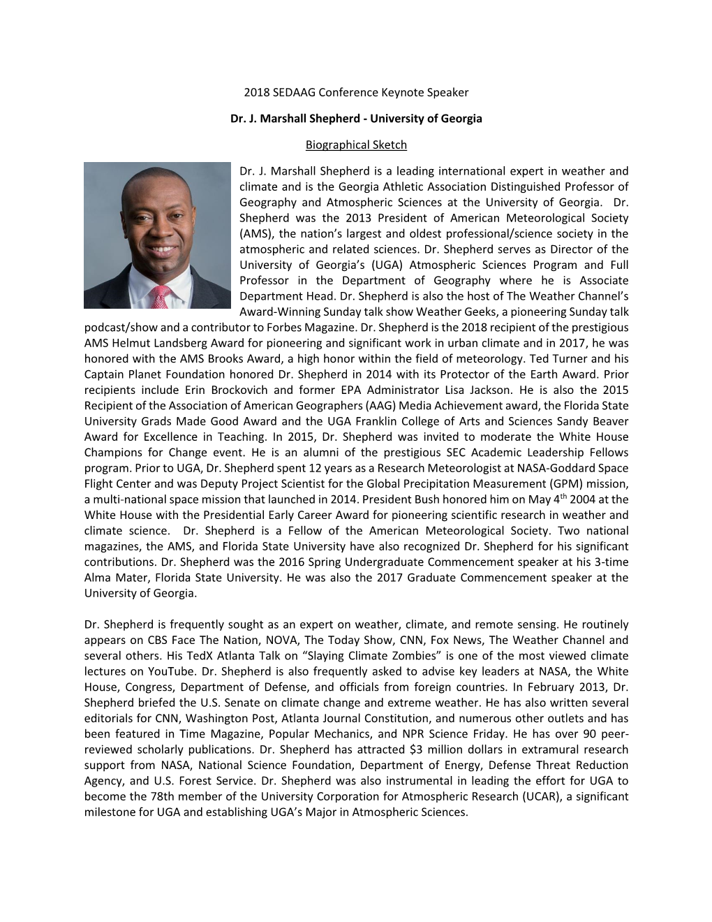 2018 SEDAAG Conference Keynote Speaker Dr. J. Marshall Shepherd