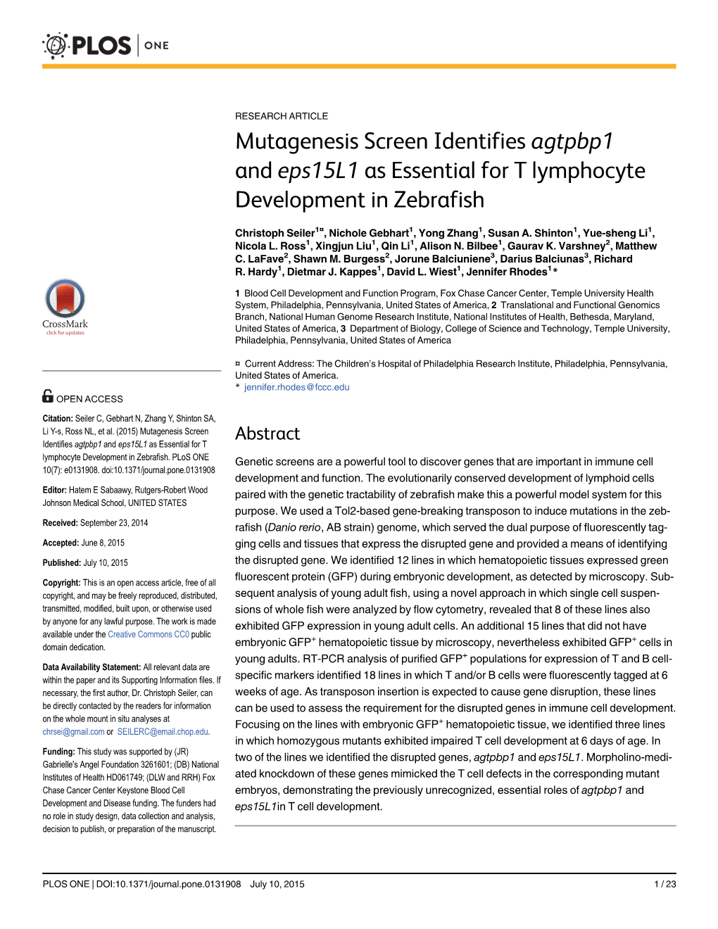 Mutagenesis Screen Identifies Agtpbp1 and Eps15l1 As Essential for T Lymphocyte Development in Zebrafish