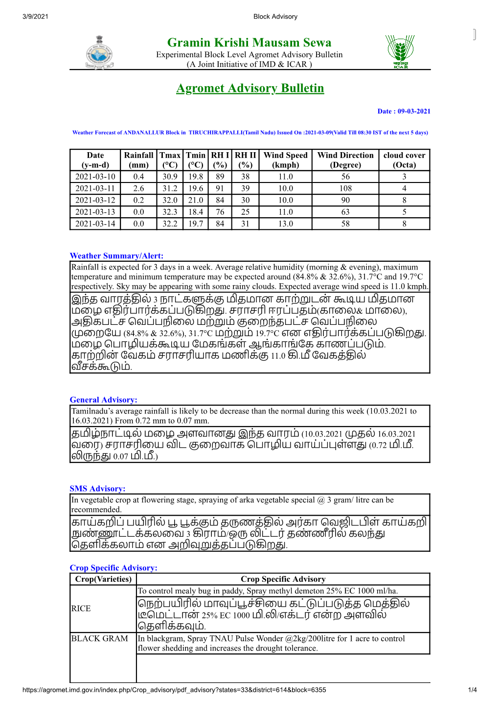 Gramin Krishi Mausam Sewa Agromet Advisory Bulletin