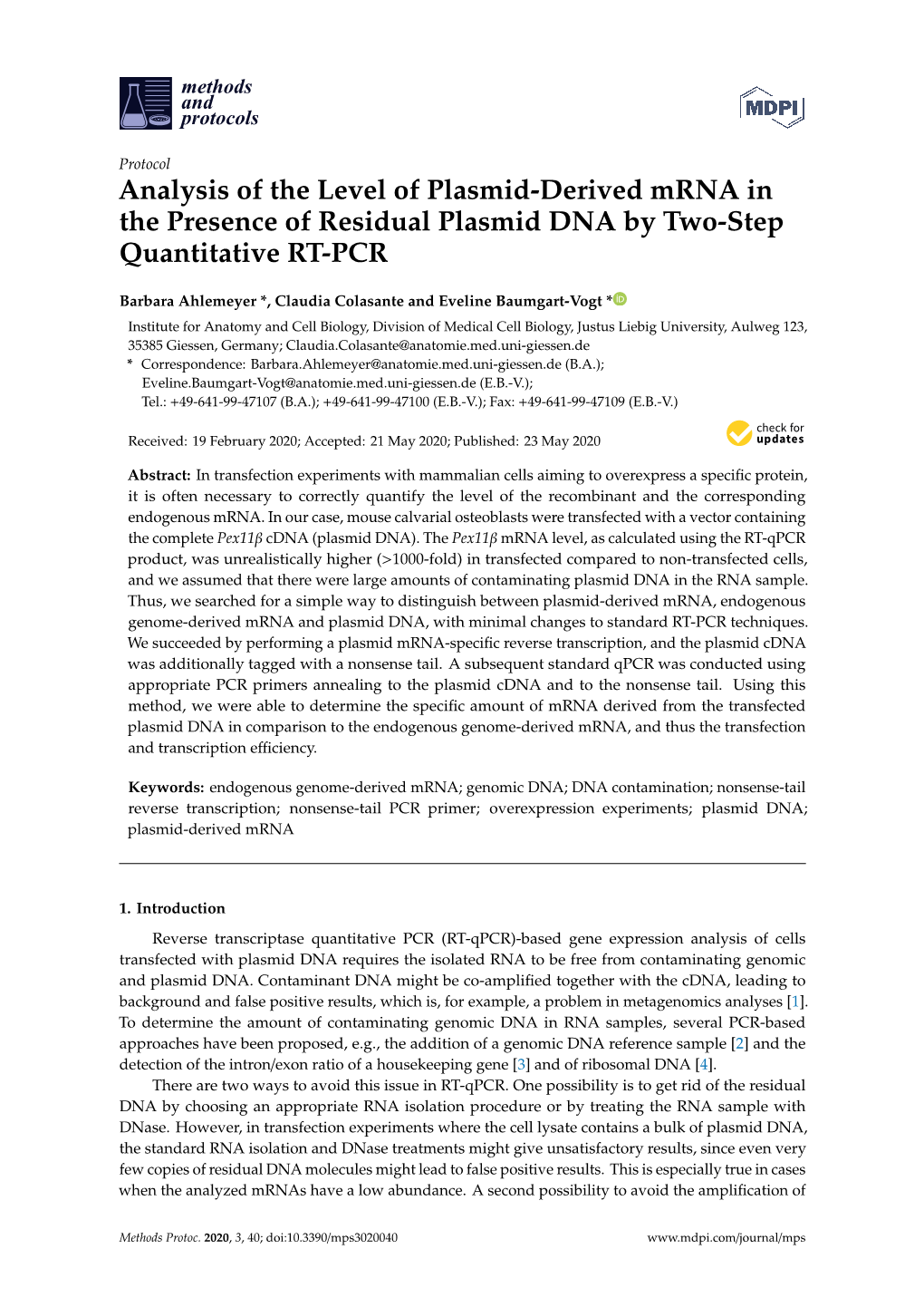Analysis of the Level of Plasmid-Derived Mrna in the Presence of Residual Plasmid DNA by Two-Step Quantitative RT-PCR