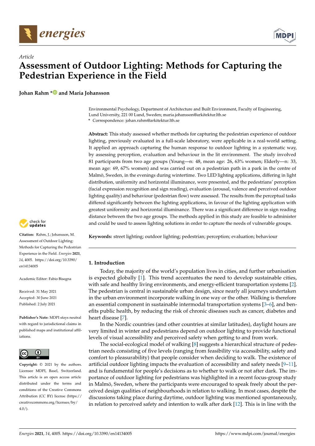 Assessment of Outdoor Lighting: Methods for Capturing the Pedestrian Experience in the Field