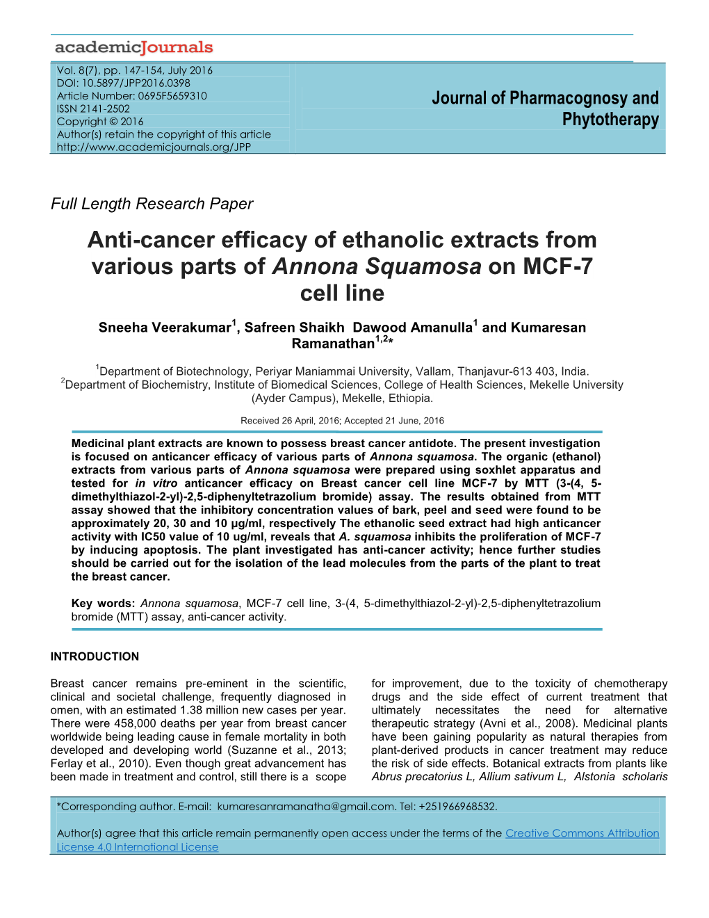 Anti-Cancer Efficacy of Ethanolic Extracts from Various Parts of Annona Squamosa on MCF-7 Cell Line