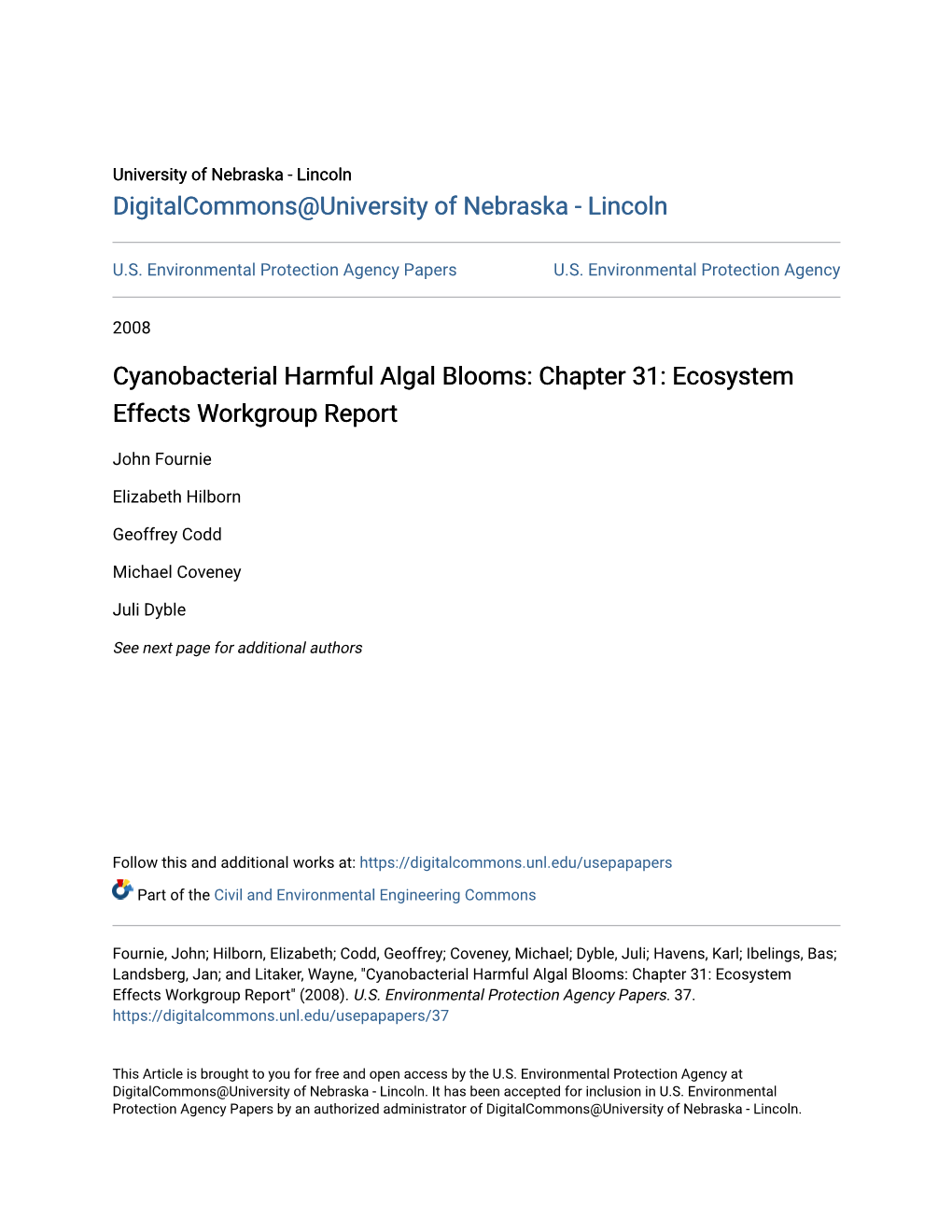 Cyanobacterial Harmful Algal Blooms: Chapter 31: Ecosystem Effects Workgroup Report