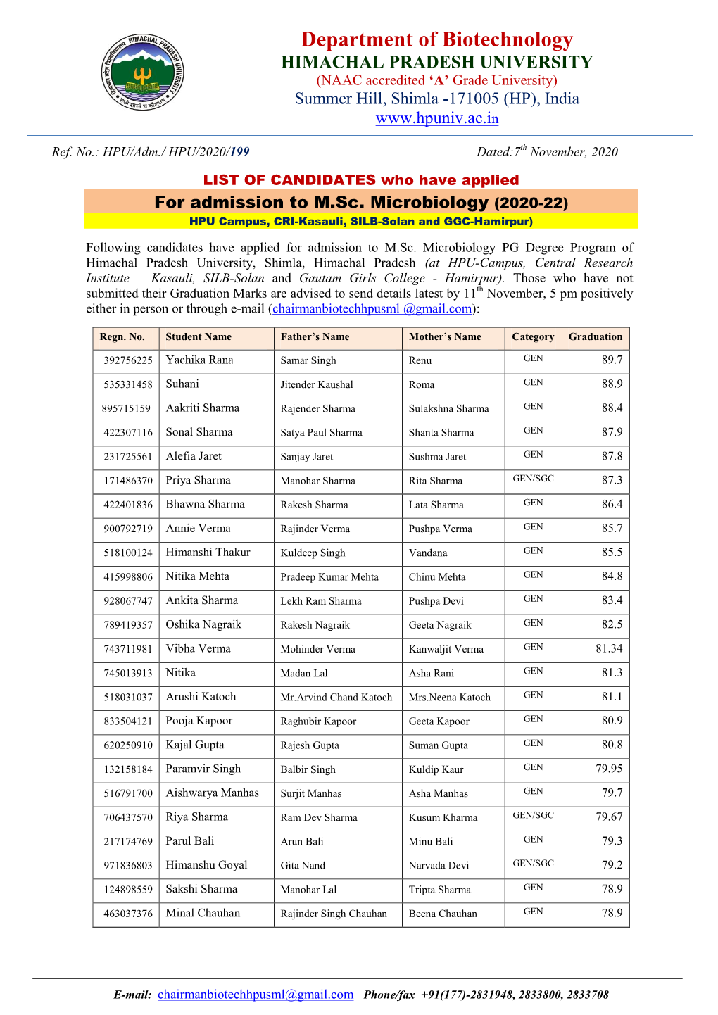 Department of Biotechnology HIMACHAL PRADESH UNIVERSITY (NAAC Accredited ‘A’ Grade University) Summer Hill, Shimla -171005 (HP), India