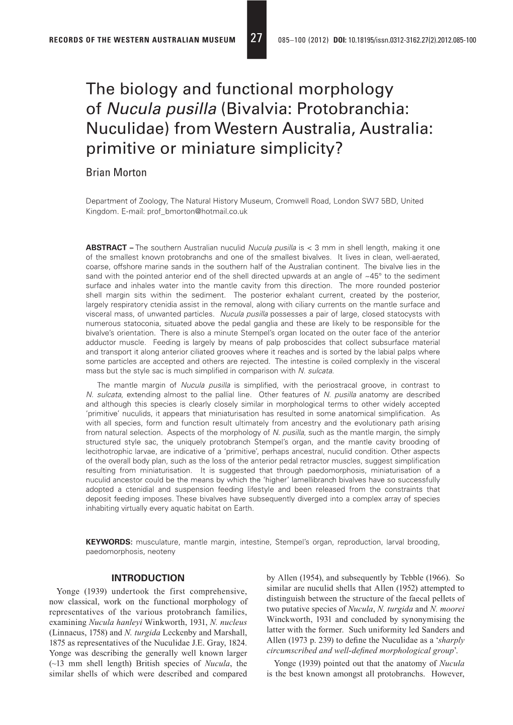 The Biology and Functional Morphology of Nucula Pusilla