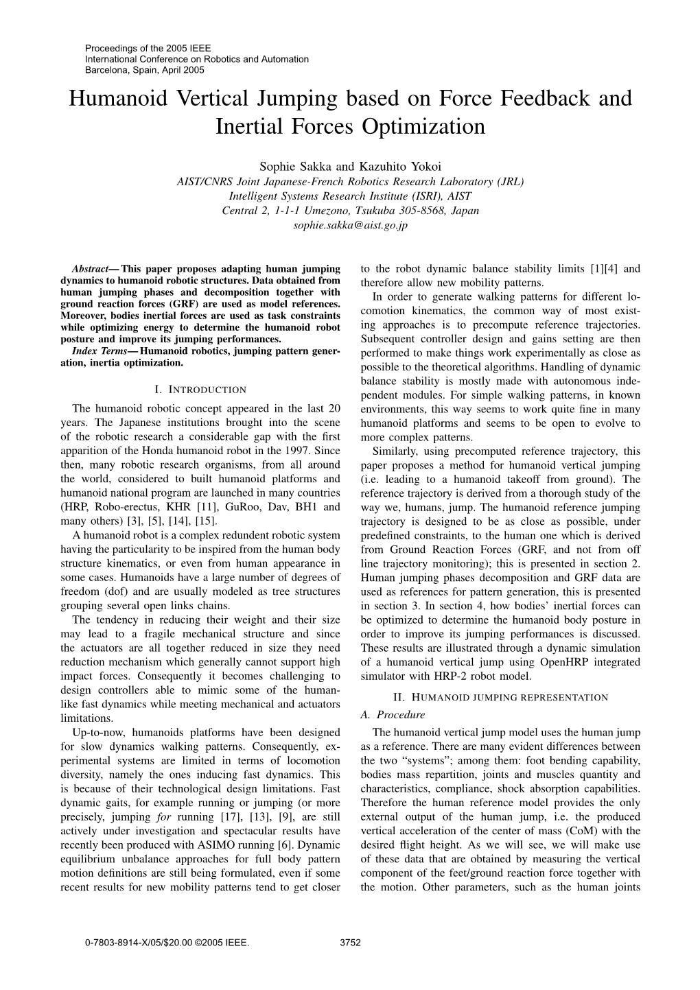 Humanoid Vertical Jumping Based on Force Feedback and Inertial Forces Optimization