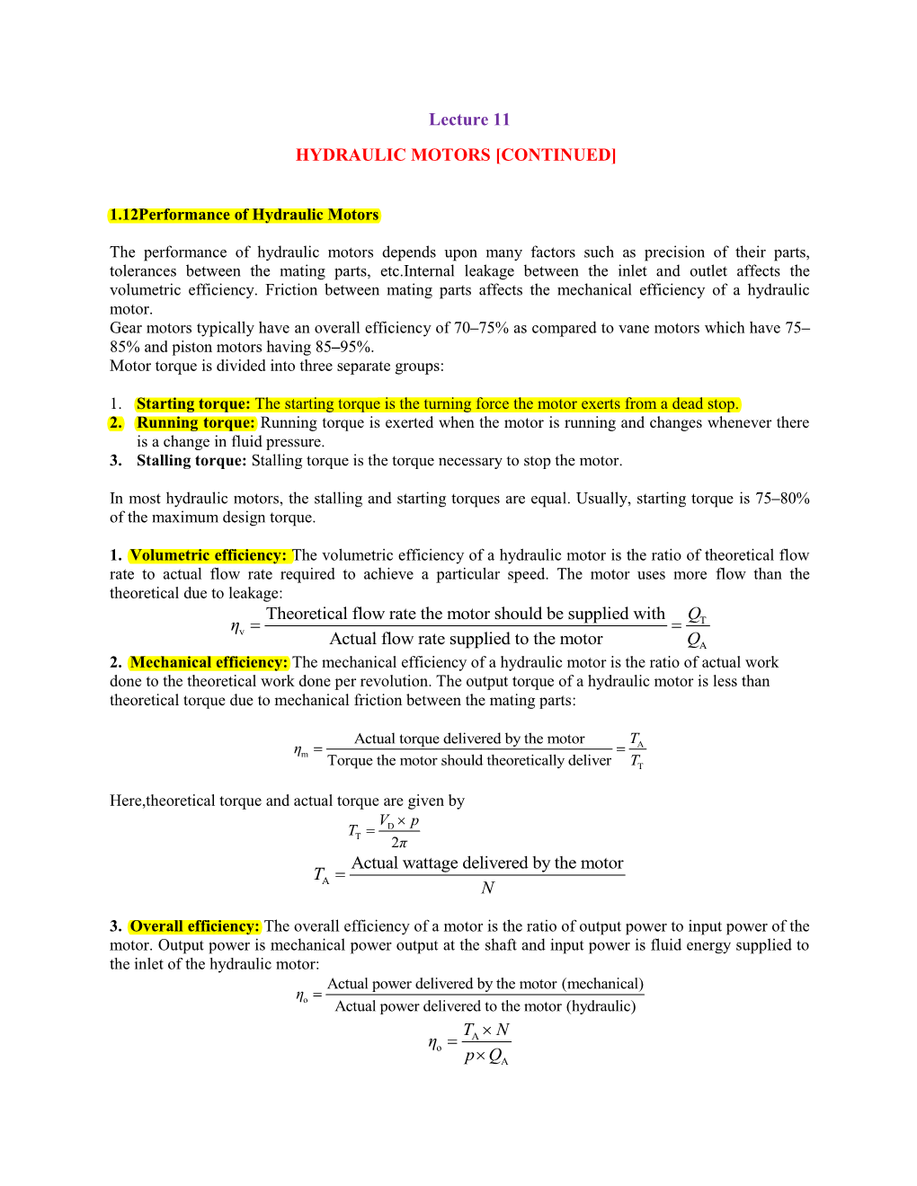 Lecture 11 HYDRAULIC MOTORS [CONTINUED]