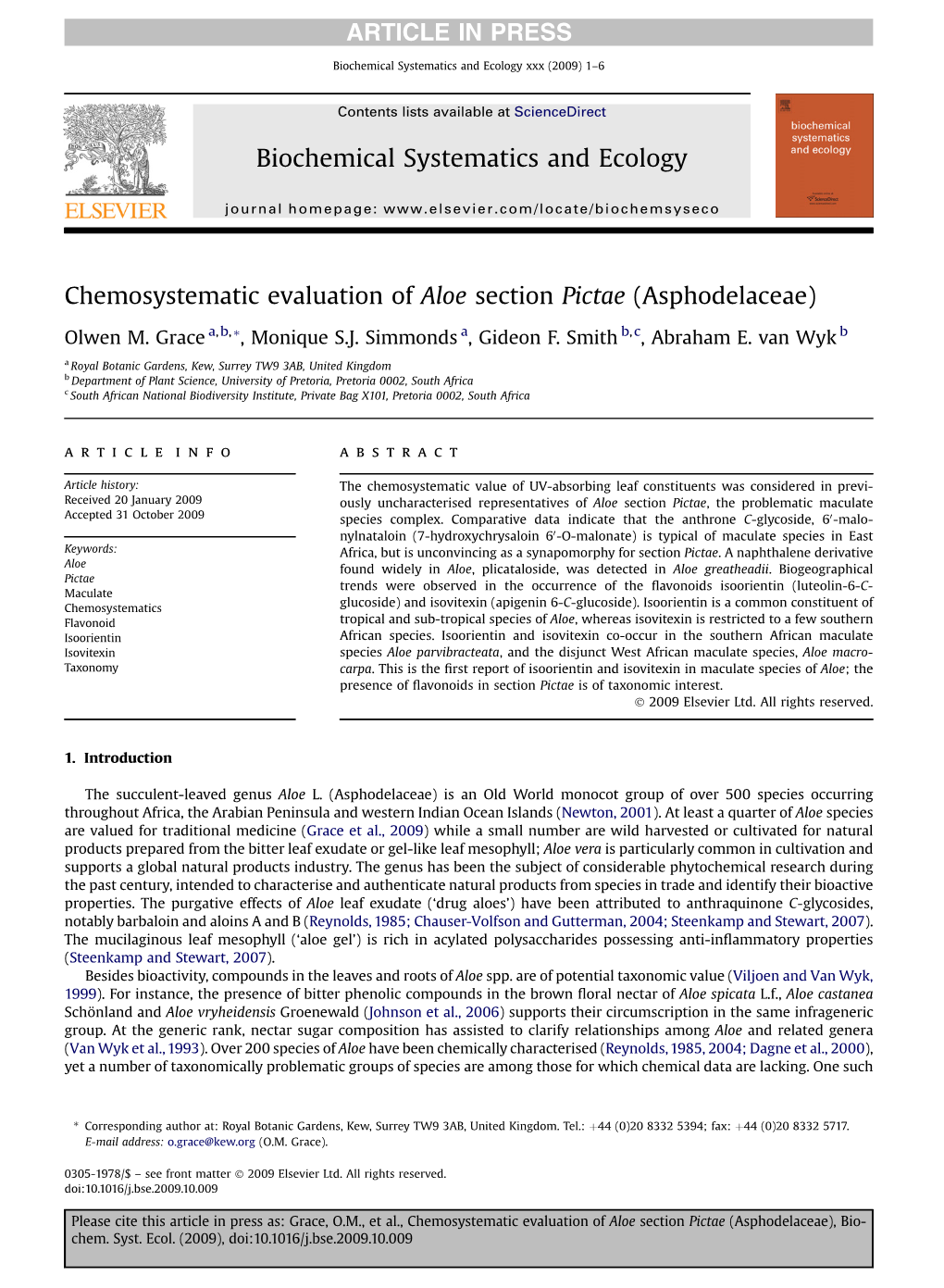 Chemosystematic Evaluation of Aloe Section Pictae (Asphodelaceae)