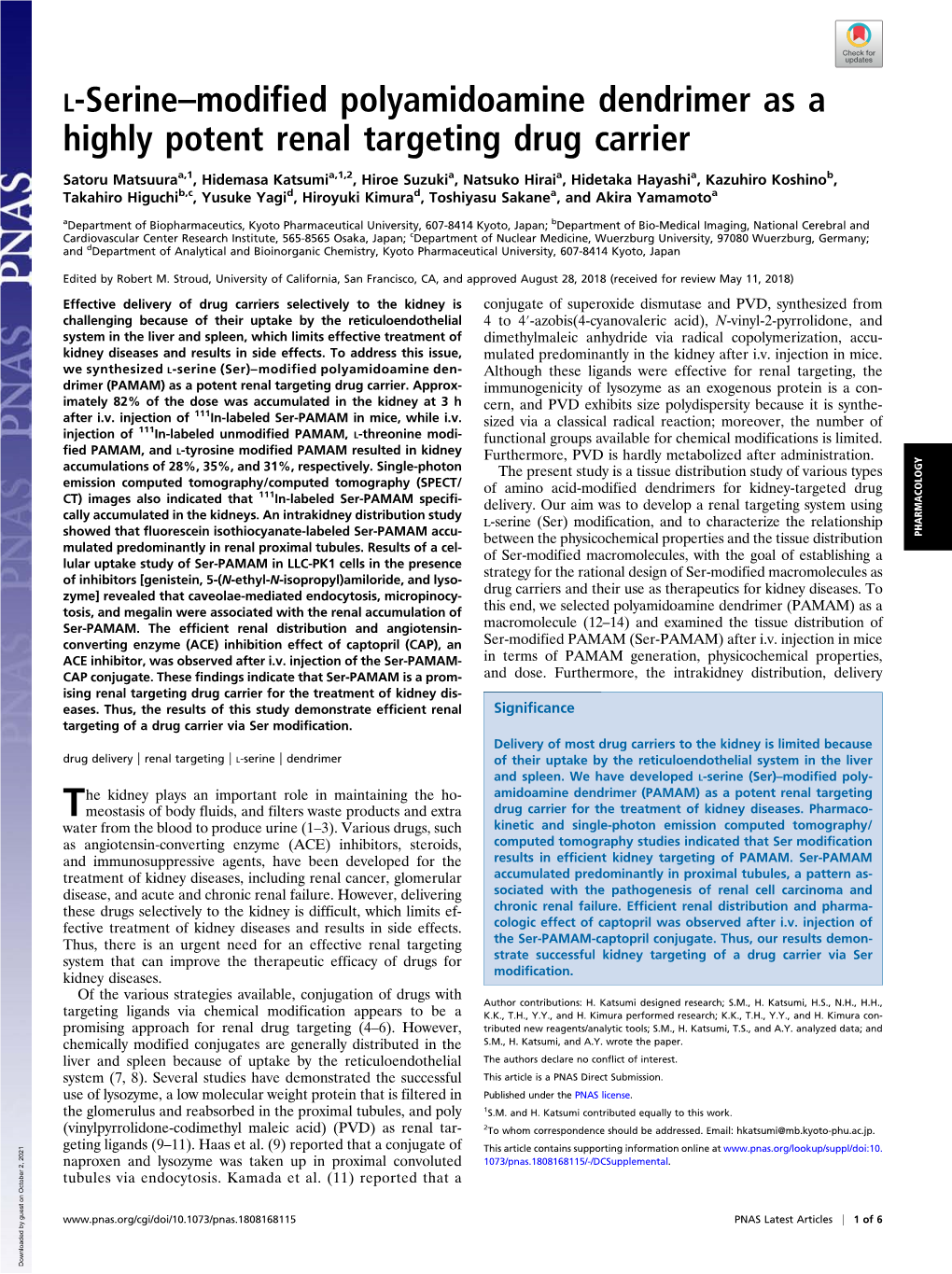 L-Serine–Modified Polyamidoamine Dendrimer As a Highly Potent Renal Targeting Drug Carrier