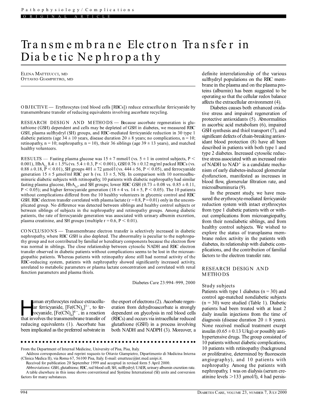 Transmembrane Electron Transfer in Diabetic Nephropathy