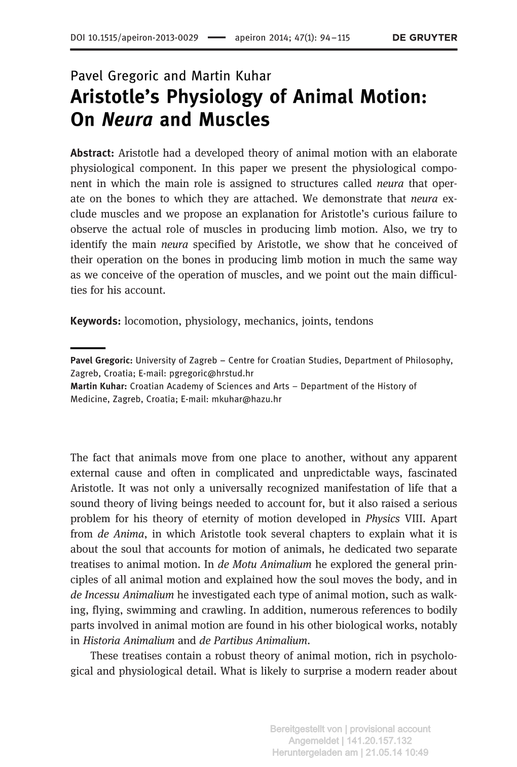 Aristotle's Physiology of Animal Motion: on Neura and Muscles