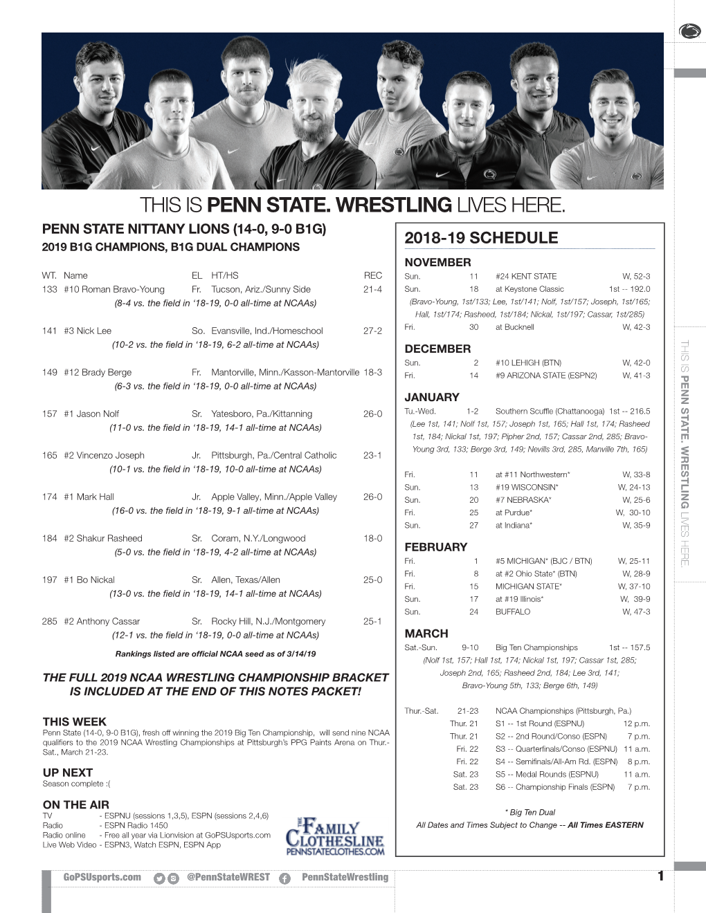 This Is Penn State. Wrestling Lives Here. Penn State Nittany Lions (14-0, 9-0 B1g) 2018-19 Schedule 2019 B1g Champions, B1g Dual Champions November Wt