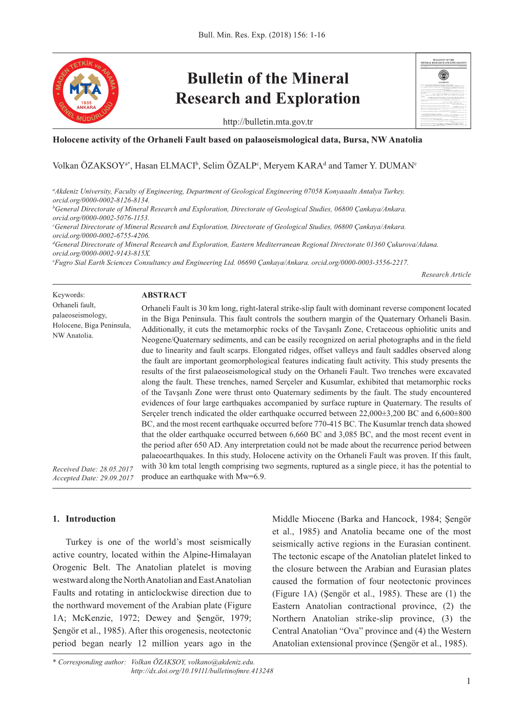 Bulletin of the Mineral Research and Exploration