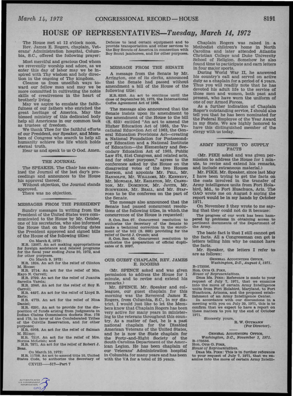 HOUSE of REPRESENTATIVES-Tuesday, March 14, 1972 the House Met at 12 O'clock Noon