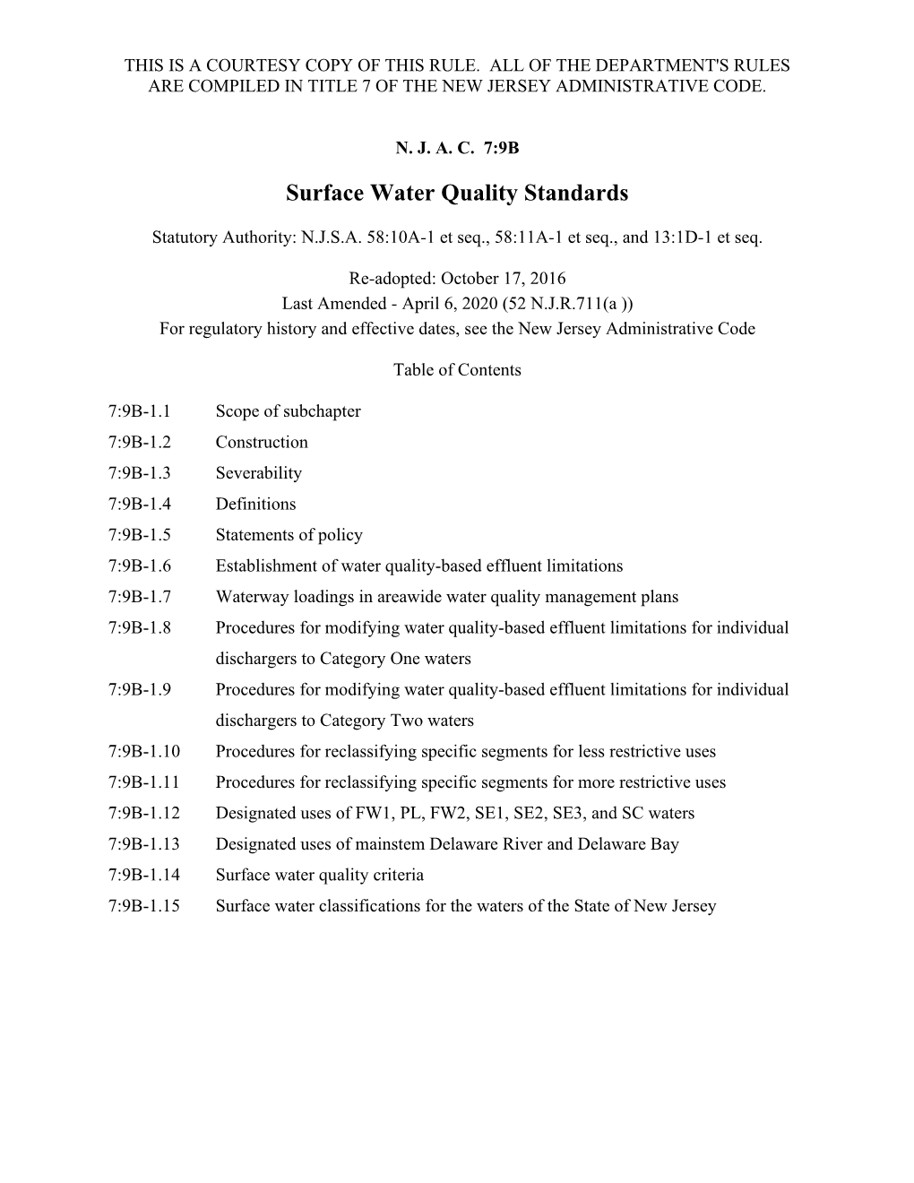 NJDEP-N.J.A.C. 7:9B-Surface Water Quality Standards