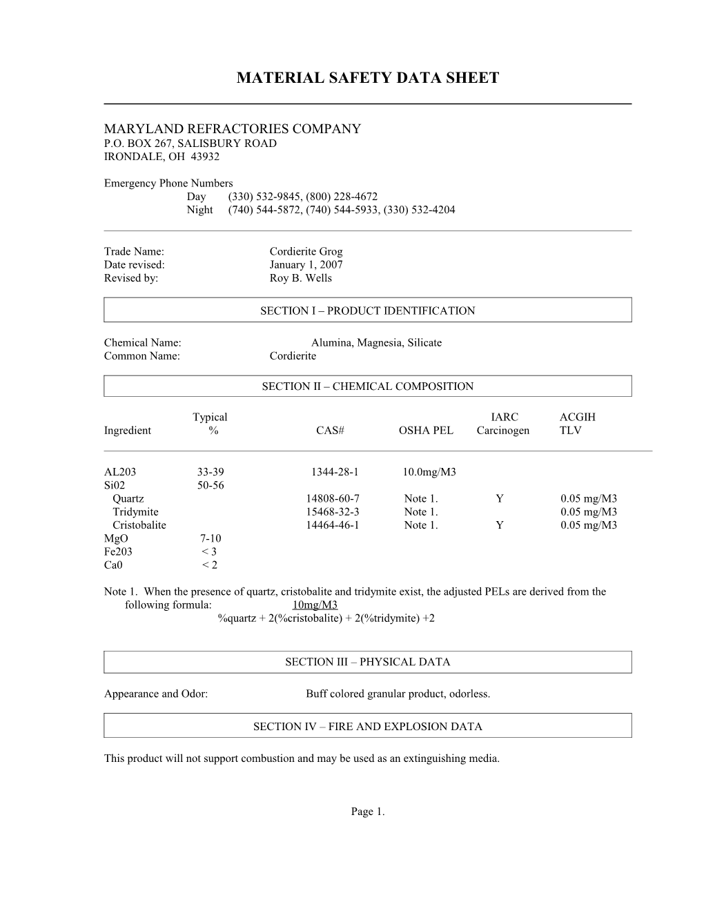 Material Saftey Data Sheet