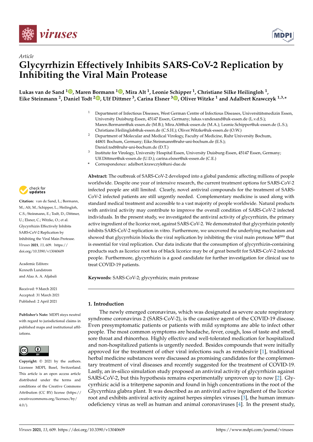 Glycyrrhizin Effectively Inhibits SARS-Cov-2 Replication by Inhibiting the Viral Main Protease