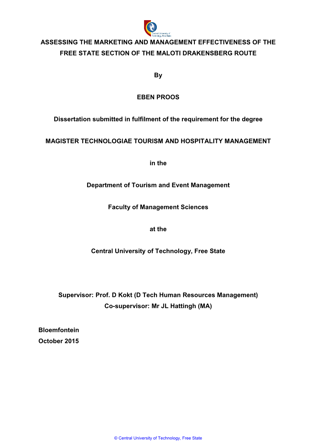 Assessing the Marketing and Management Effectiveness of the Free State Section of the Maloti Drakensberg Route