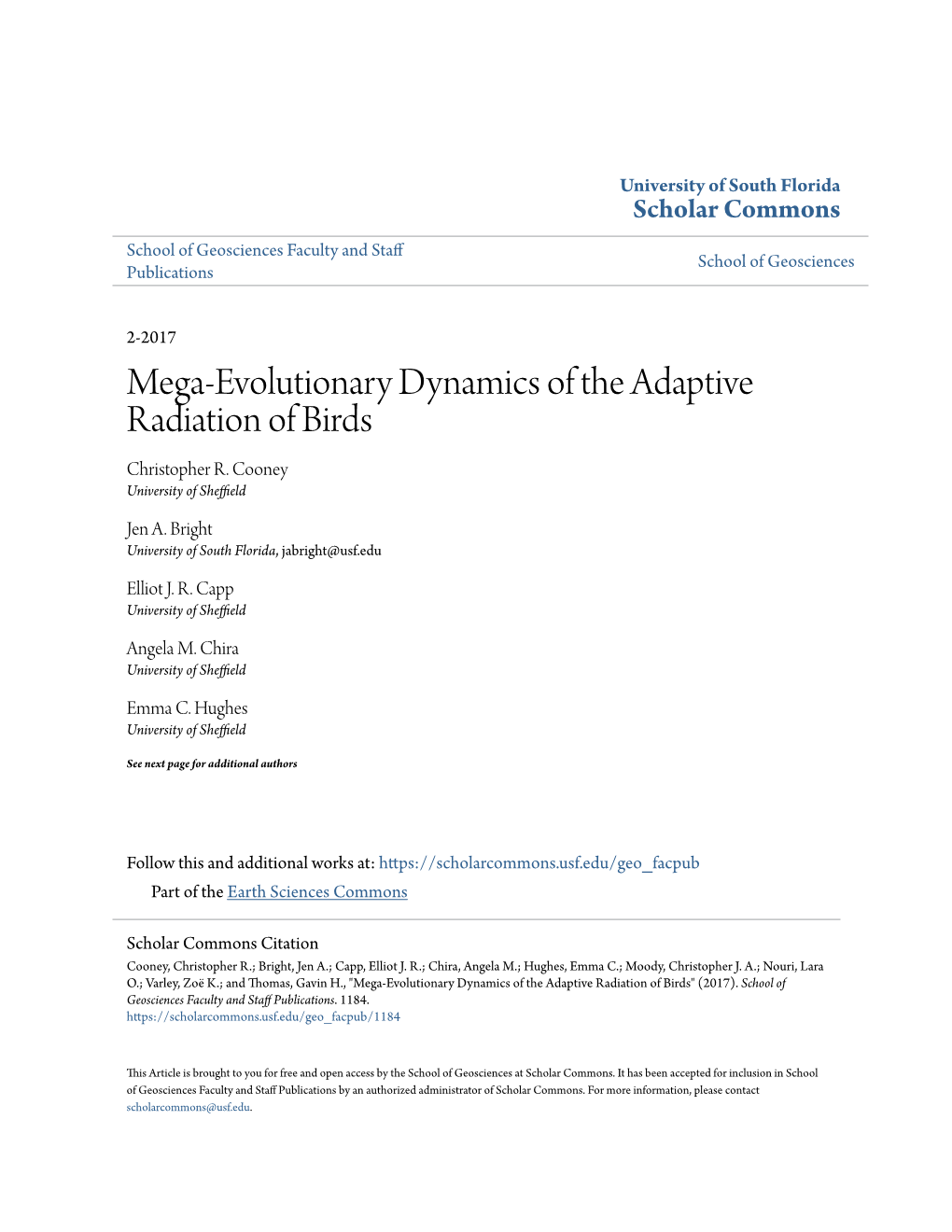 Mega-Evolutionary Dynamics of the Adaptive Radiation of Birds Christopher R