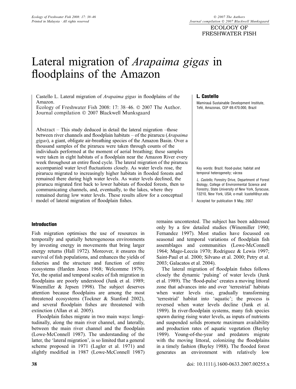 Lateral Migration of Arapaima Gigas in Floodplains of the Amazon