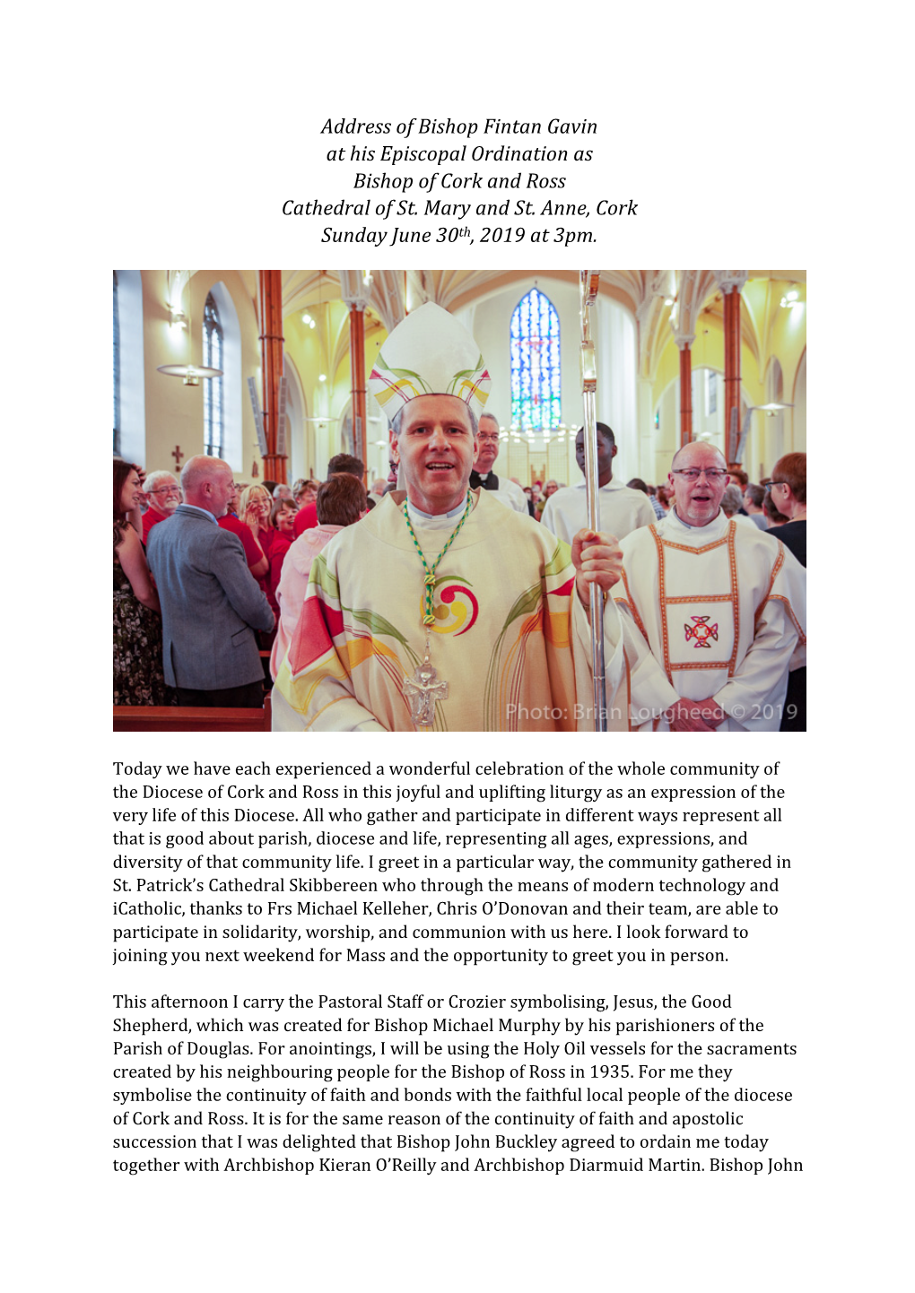 Address of Bishop Fintan Gavin at His Episcopal Ordination As Bishop of Cork and Ross Cathedral of St