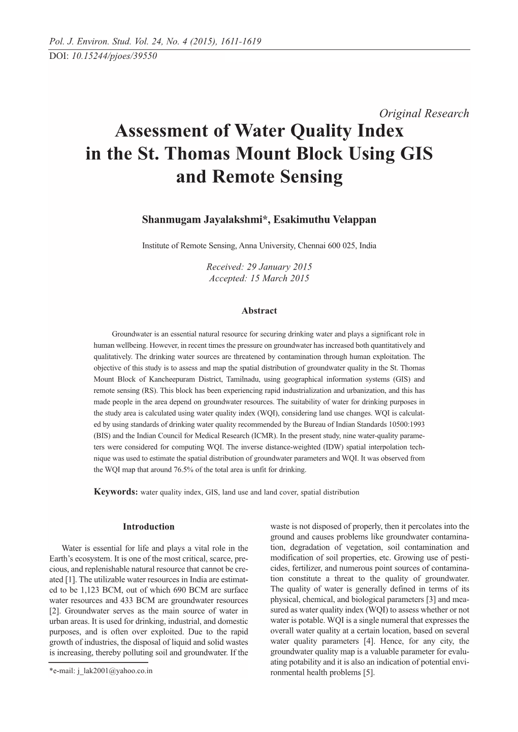 Assessment of Water Quality Index in the St. Thomas Mount Block Using GIS and Remote Sensing