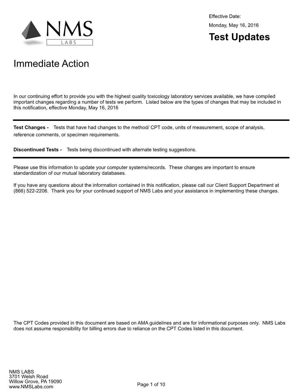 Test Update Immediate Action Notification, Effective May 16, 2016