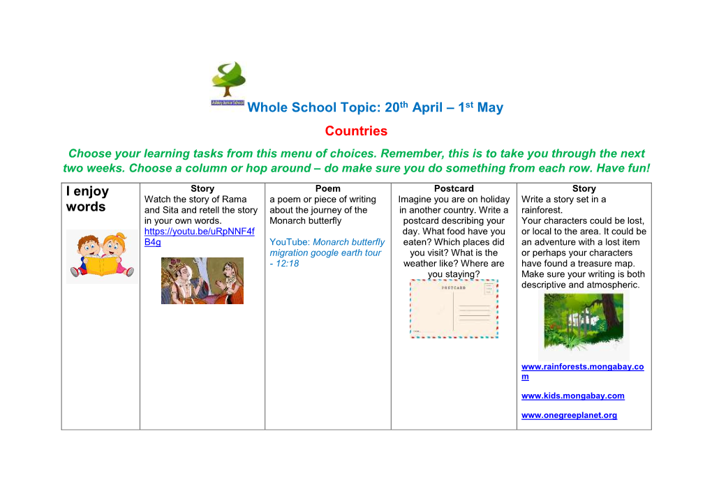Whole School Topic: 20Th April – 1St May Countries I Enjoy Words