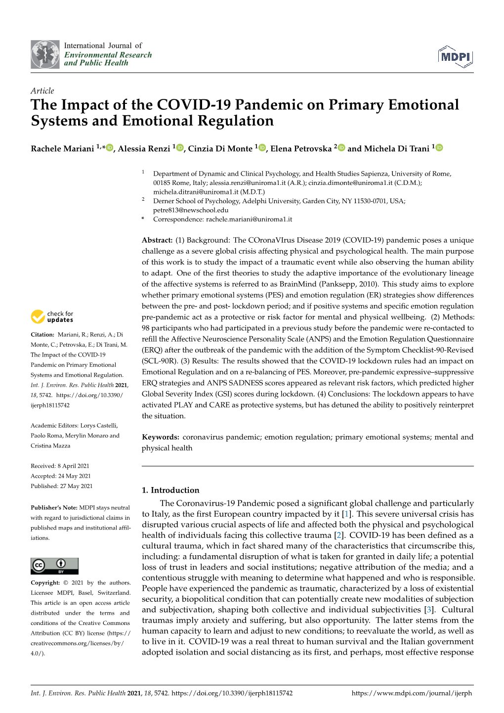 The Impact of the COVID-19 Pandemic on Primary Emotional Systems and Emotional Regulation