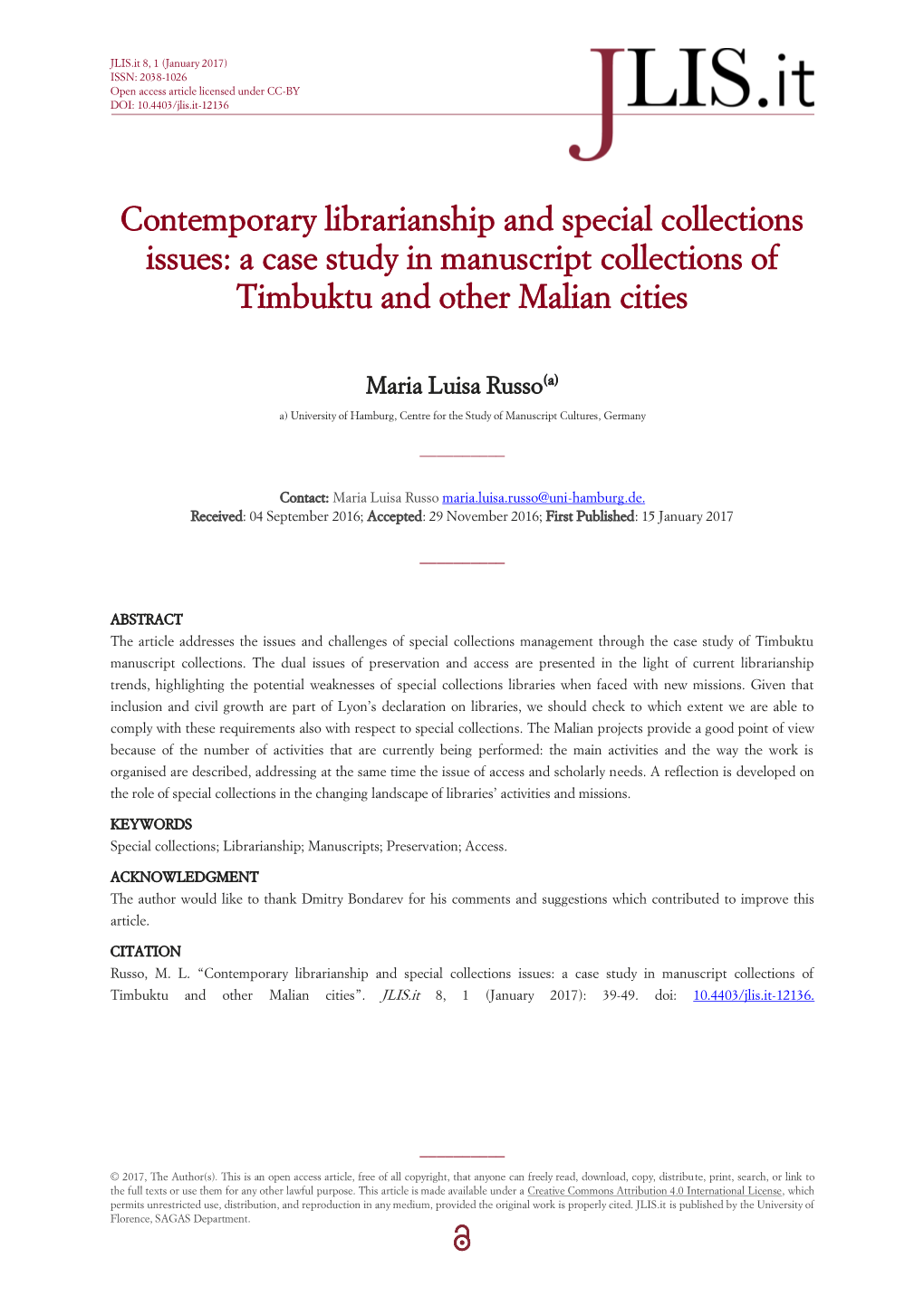 Contemporary Librarianship and Special Collections Issues: a Case Study in Manuscript Collections of Timbuktu and Other Malian Cities