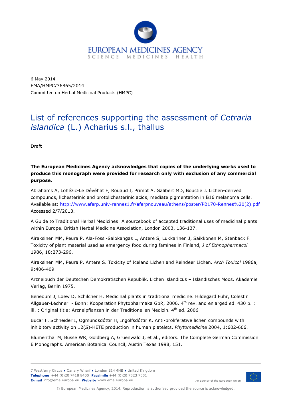 List of References Supporting the Assessment of Cetraria Islandica (L.) Acharius S.L., Thallus