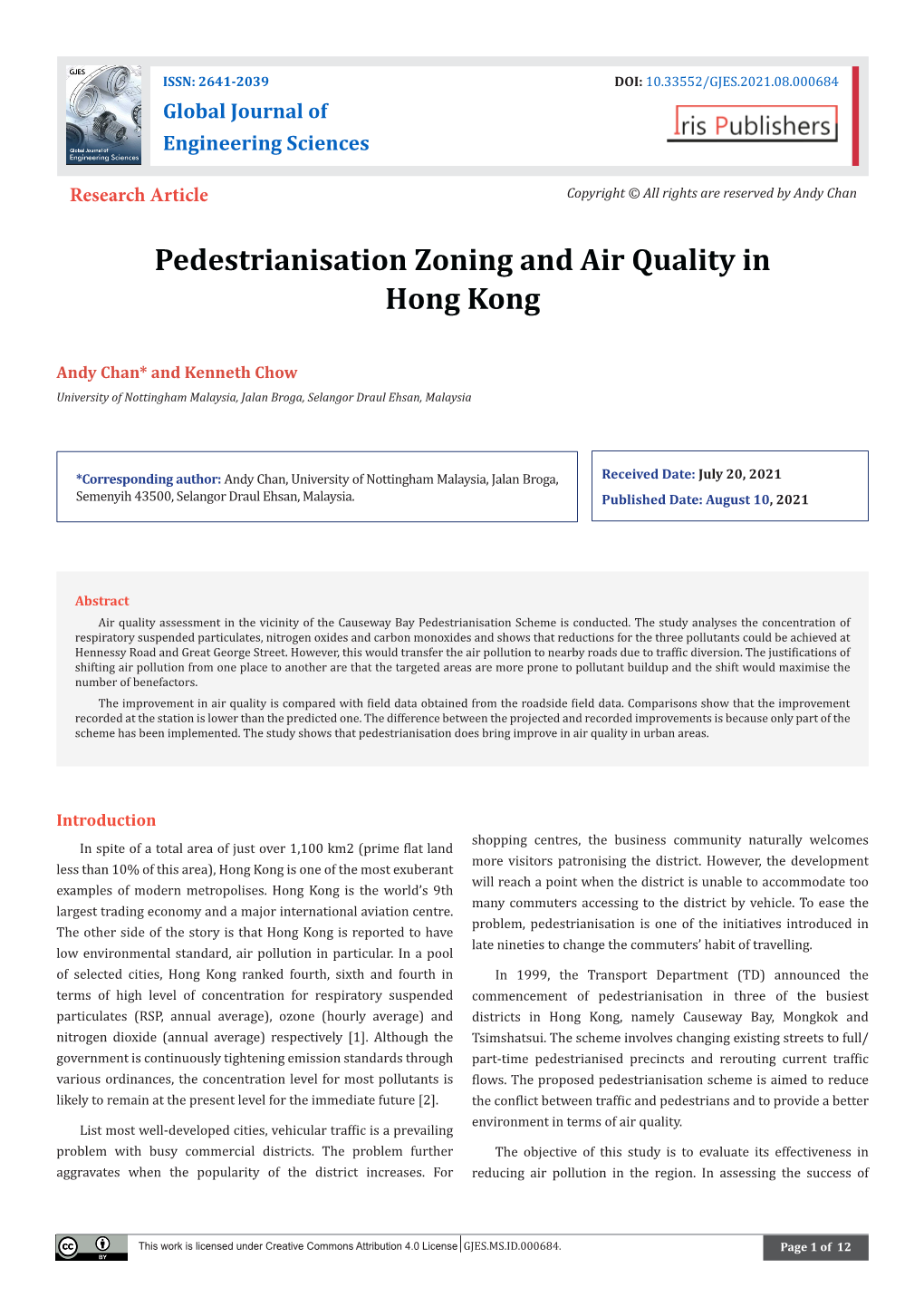 Pedestrianisation Zoning and Air Quality in Hong Kong