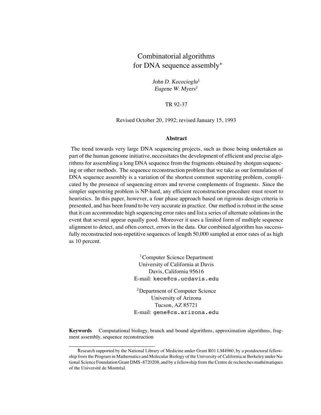 Combinatorial Algorithms for DNA Sequence Assembly