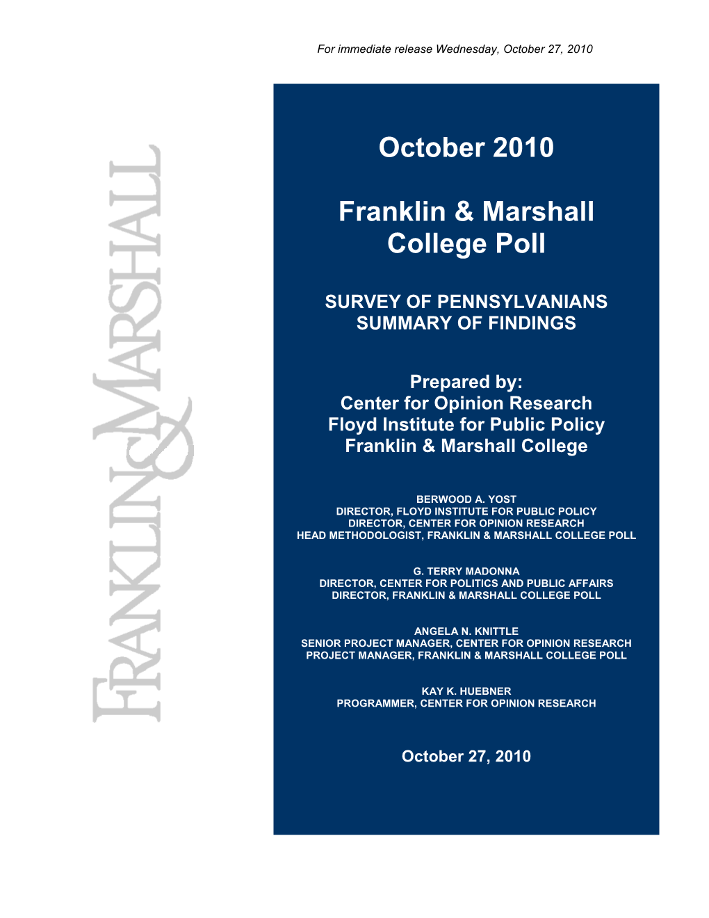 October 2010 Franklin & Marshall College Poll