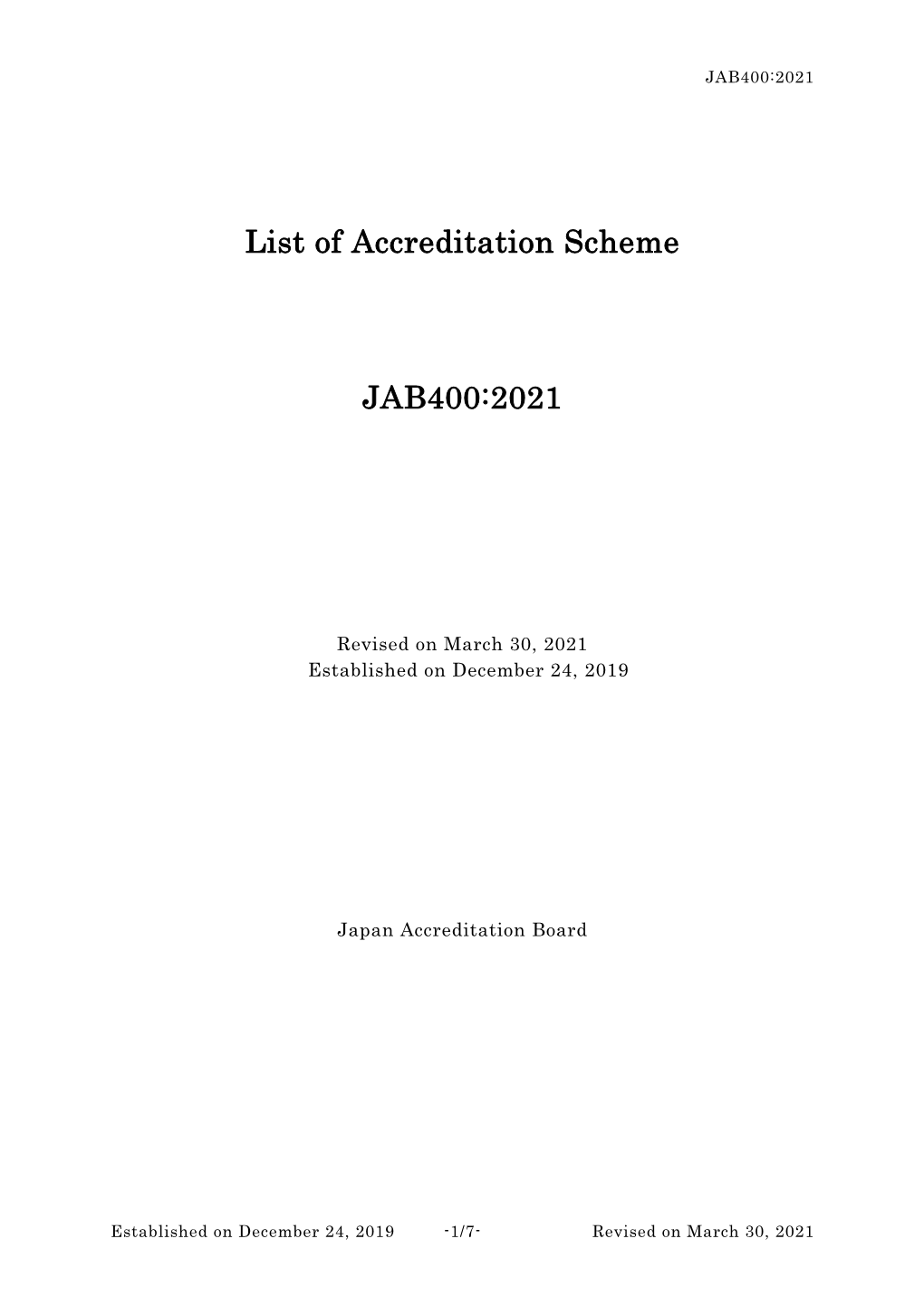 List of Accreditation Scheme JAB400:2021