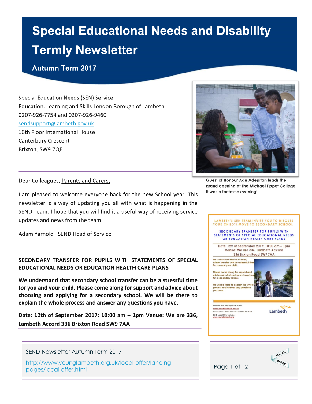 Special Educational Needs and Disability Termly Newsletter