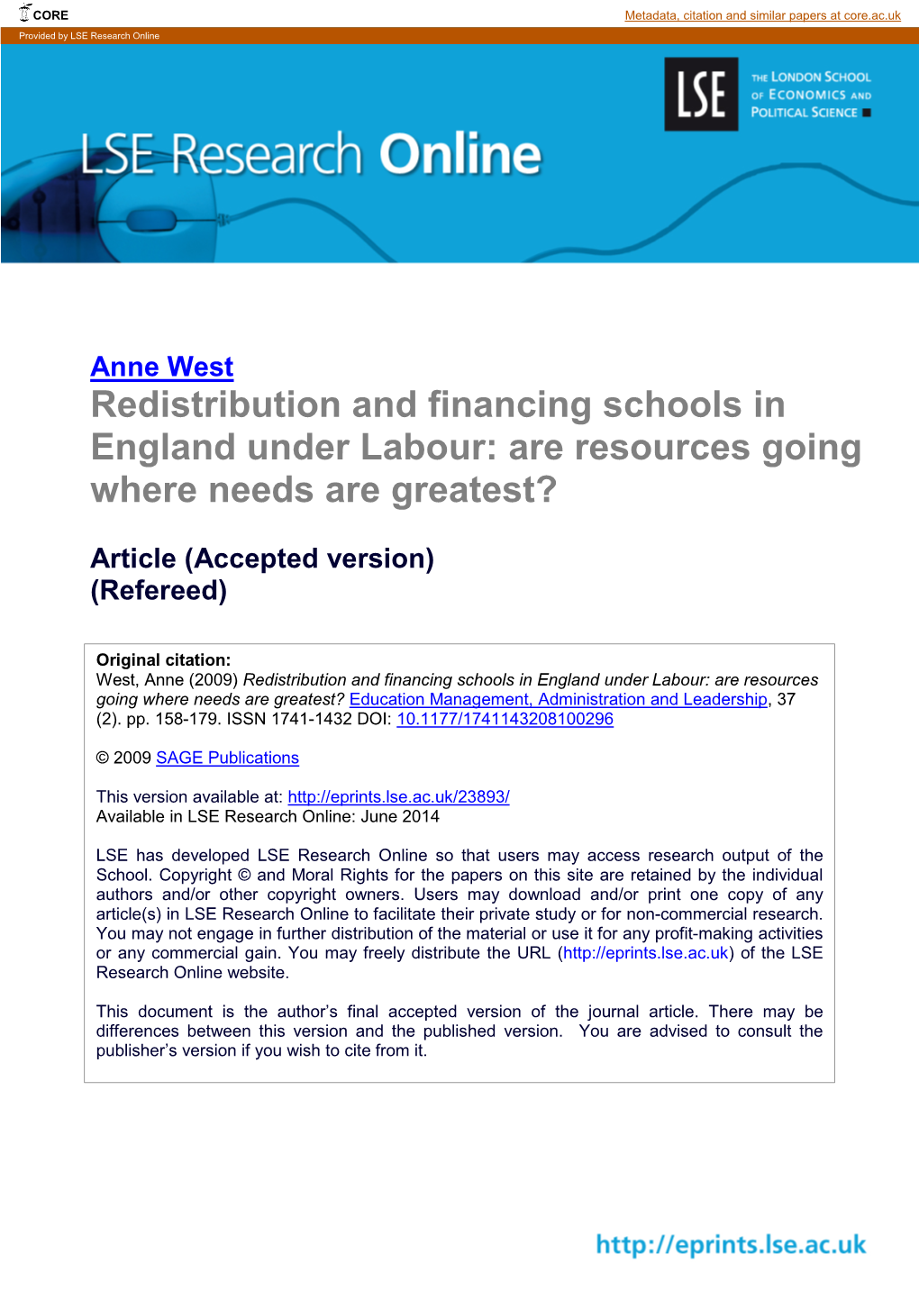 Redistribution and Financing Schools in England Under Labour: Are Resources Going Where Needs Are Greatest?