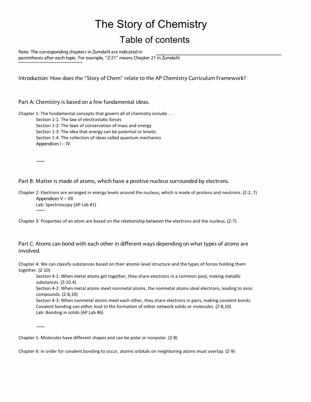 The Story of Chemistry Table of Contents Note: the Corresponding Chapters in Zumdahl Are Indicated in Parentheses After Each Topic