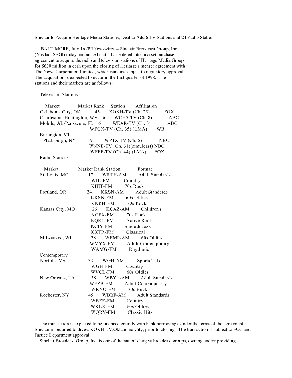 Sinclair to Acquire Heritage Media Stations; Deal to Add 6 TV Stations and 24 Radio Stations