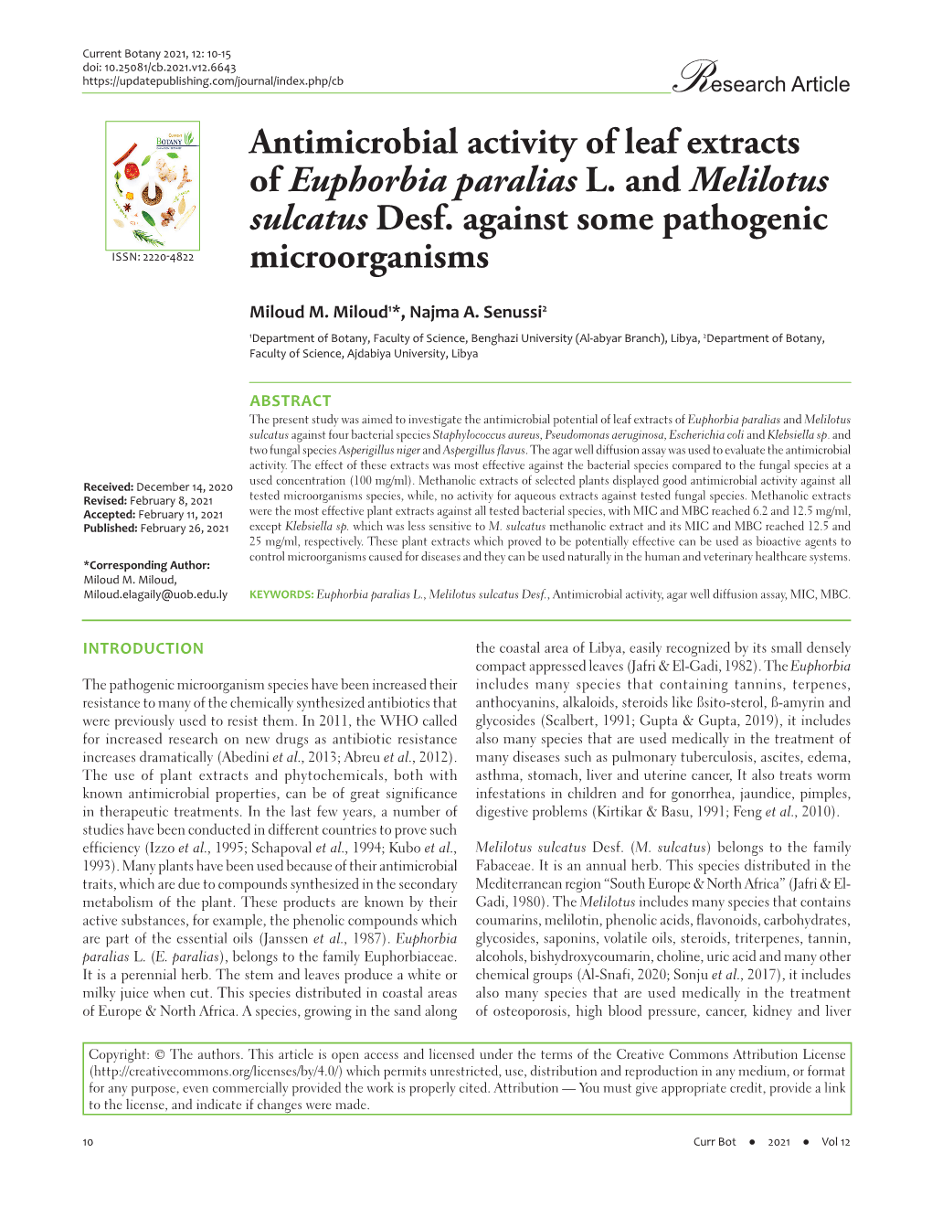 Antimicrobial Activity of Leaf Extracts of Euphorbia Paralias L. and Melilotus Sulcatus Desf