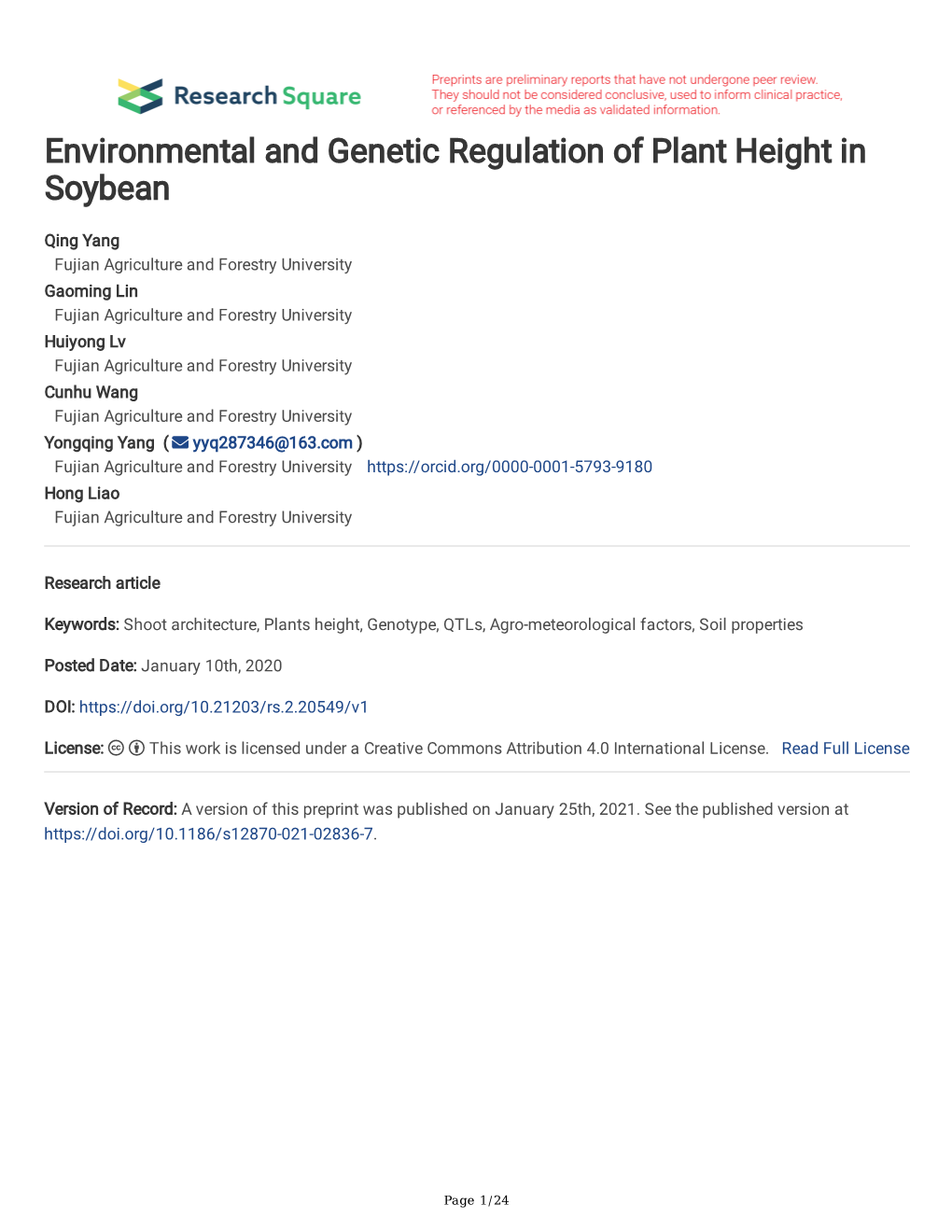 Environmental and Genetic Regulation of Plant Height in Soybean