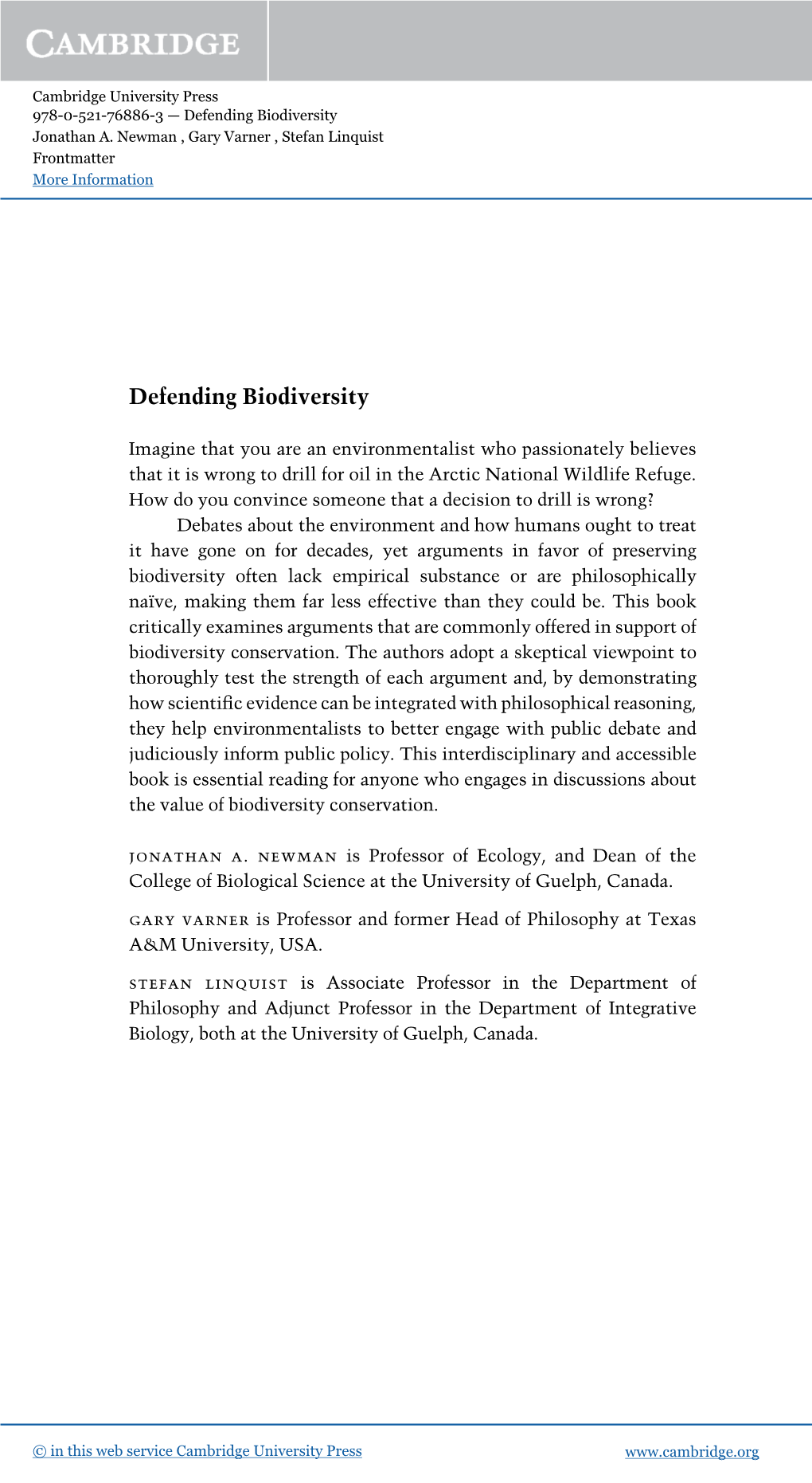 Defending Biodiversity : Environmental Science and Ethics / Jonathan A