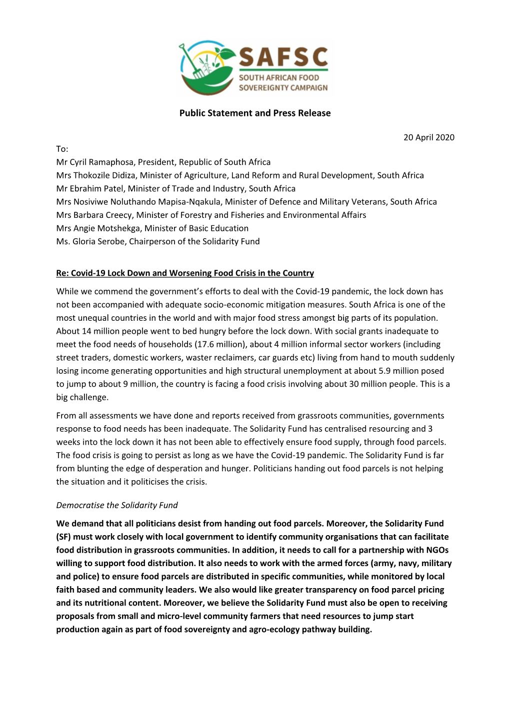Public Statement and Press Release