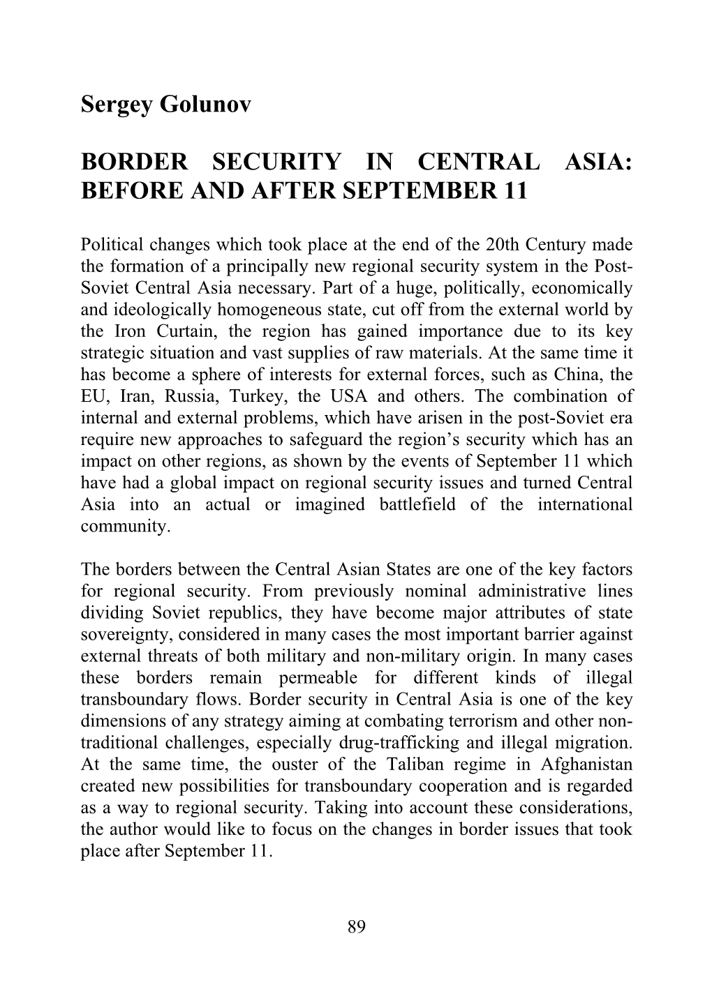 Border Security in Central Asia: Before and After September 11